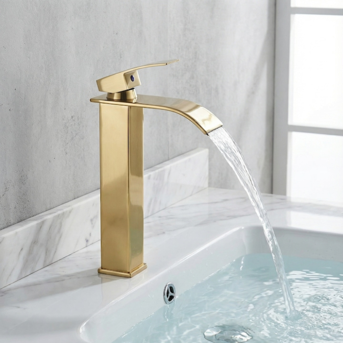 Baterie Chiuveta Baie Tip Cascada Monocomanda, Baterie Cascada Design Minimalist, Otel Inoxidabil Rezistent La Rugina, Baterie Chiuveta Baie Cu Racorduri Incluse, Burete Vileda Glitzi Inclus, Finisaj Auriu, Inaltime 30 Cm, Instalare Usoara [8]