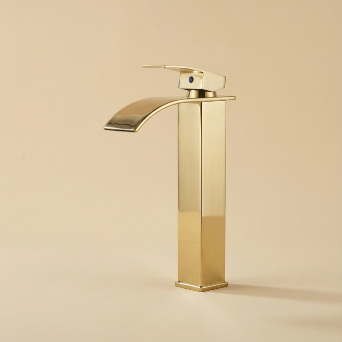 Baterie Chiuveta Baie Tip Cascada Monocomanda, Baterie Cascada Design Minimalist, Otel Inoxidabil Rezistent La Rugina, Baterie Chiuveta Baie Cu Racorduri Incluse, Burete Vileda Glitzi Inclus, Finisaj Auriu, Inaltime 30 Cm, Instalare Usoara [15]