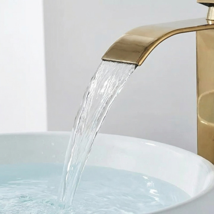 Baterie Chiuveta Baie Tip Cascada Monocomanda, Baterie Cascada Design Minimalist, Otel Inoxidabil Rezistent La Rugina, Baterie Chiuveta Baie Cu Racorduri Incluse, Burete Vileda Glitzi Inclus, Finisaj Auriu, Inaltime 30 Cm, Instalare Usoara [11]