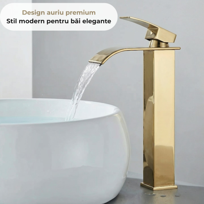 Baterie Chiuveta Baie Tip Cascada Monocomanda, Baterie Cascada Design Minimalist, Otel Inoxidabil Rezistent La Rugina, Baterie Chiuveta Baie Cu Racorduri Incluse, Burete Vileda Glitzi Inclus, Finisaj Auriu, Inaltime 30 Cm, Instalare Usoara [7]