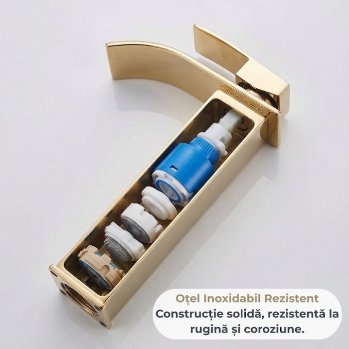 Baterie Chiuveta Baie Tip Cascada Monocomanda, Baterie Cascada Design Minimalist, Otel Inoxidabil Rezistent La Rugina, Baterie Chiuveta Baie Cu Racorduri Incluse, Burete Vileda Glitzi Inclus, Finisaj Auriu, Inaltime 30 Cm, Instalare Usoara [2]