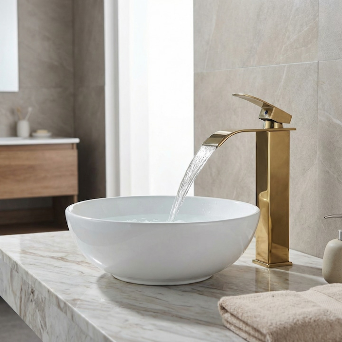 Baterie Chiuveta Baie Tip Cascada Monocomanda, Baterie Cascada Design Minimalist, Otel Inoxidabil Rezistent La Rugina, Baterie Chiuveta Baie Cu Racorduri Incluse, Burete Vileda Glitzi Inclus, Finisaj Auriu, Inaltime 30 Cm, Instalare Usoara [14]