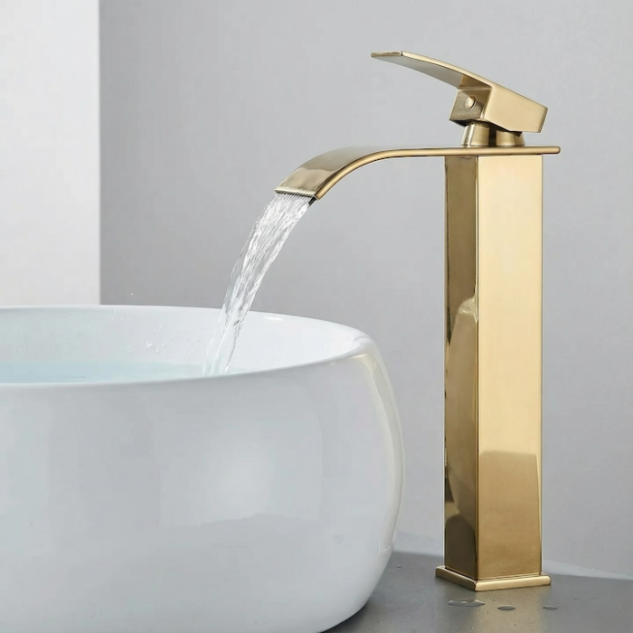 Baterie Chiuveta Baie Tip Cascada Monocomanda, Baterie Cascada Design Minimalist, Otel Inoxidabil Rezistent La Rugina, Baterie Chiuveta Baie Cu Racorduri Incluse, Burete Vileda Glitzi Inclus, Finisaj Auriu, Inaltime 30 Cm, Instalare Usoara [17]