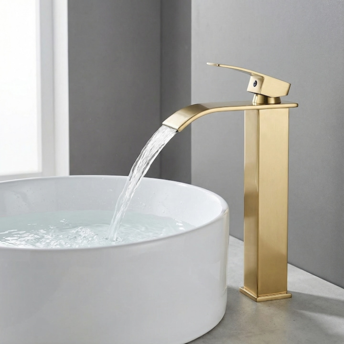 Baterie Chiuveta Baie Tip Cascada Monocomanda, Baterie Cascada Design Minimalist, Otel Inoxidabil Rezistent La Rugina, Baterie Chiuveta Baie Cu Racorduri Incluse, Burete Vileda Glitzi Inclus, Finisaj Auriu, Inaltime 30 Cm, Instalare Usoara [18]