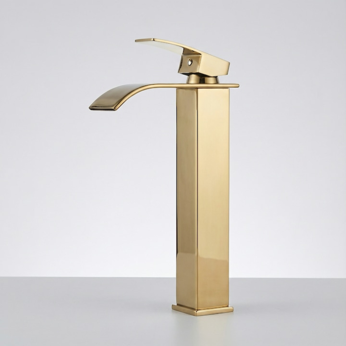 Baterie Chiuveta Baie Tip Cascada Monocomanda, Baterie Cascada Design Minimalist, Otel Inoxidabil Rezistent La Rugina, Baterie Chiuveta Baie Cu Racorduri Incluse, Burete Vileda Glitzi Inclus, Finisaj Auriu, Inaltime 30 Cm, Instalare Usoara [13]