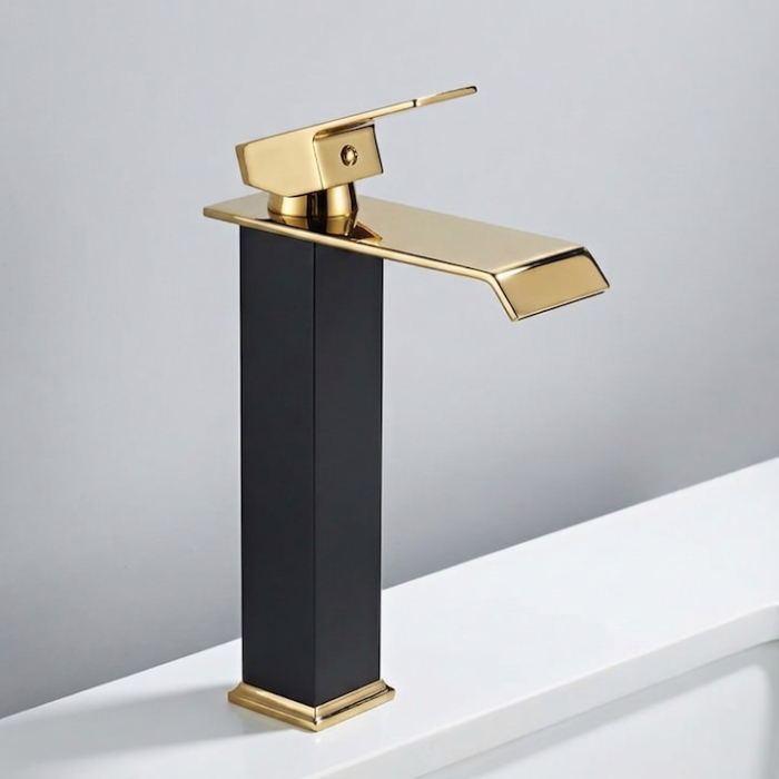 Baterie Lavoar Inalta Baie Design Modern Cascada Auriu Negru, Robinet Cu Cartus Ceramic, Debit Uniform, Comutare Usoara Apa Calda Rece, Corp Metalic Rezistent, Instalare Usoara Cu Accesorii Incluse, Cadou Burete Vileda Glitzi, 30 cm [12]