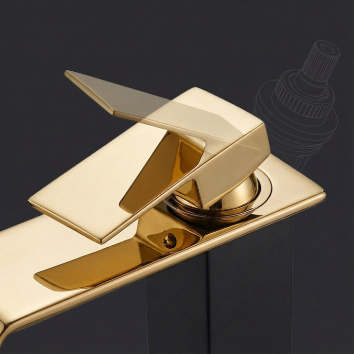 Baterie Lavoar Inalta Baie Design Modern Cascada Auriu Negru, Robinet Cu Cartus Ceramic, Debit Uniform, Comutare Usoara Apa Calda Rece, Corp Metalic Rezistent, Instalare Usoara Cu Accesorii Incluse, Cadou Burete Vileda Glitzi, 30 cm [8]