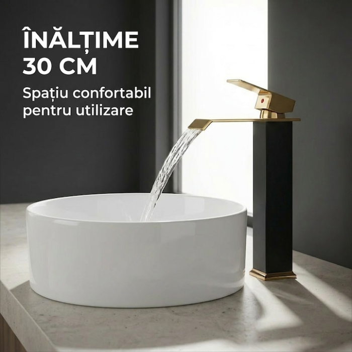 Baterie Lavoar Inalta Baie Design Modern Cascada Auriu Negru, Robinet Cu Cartus Ceramic, Debit Uniform, Comutare Usoara Apa Calda Rece, Corp Metalic Rezistent, Instalare Usoara Cu Accesorii Incluse, Cadou Burete Vileda Glitzi, 30 cm [6]