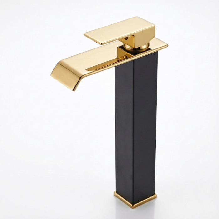 Baterie Lavoar Inalta Baie Design Modern Cascada Auriu Negru, Robinet Cu Cartus Ceramic, Debit Uniform, Comutare Usoara Apa Calda Rece, Corp Metalic Rezistent, Instalare Usoara Cu Accesorii Incluse, Cadou Burete Vileda Glitzi, 30 cm [10]