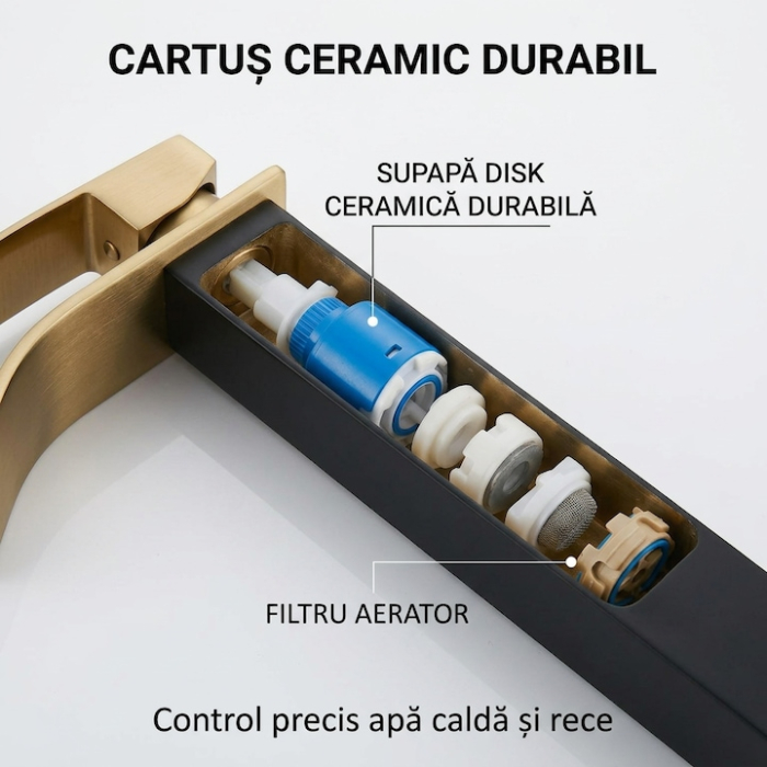 Baterie Lavoar Inalta Baie Design Modern Cascada Auriu Negru, Robinet Cu Cartus Ceramic, Debit Uniform, Comutare Usoara Apa Calda Rece, Corp Metalic Rezistent, Instalare Usoara Cu Accesorii Incluse, Cadou Burete Vileda Glitzi, 30 cm [2]