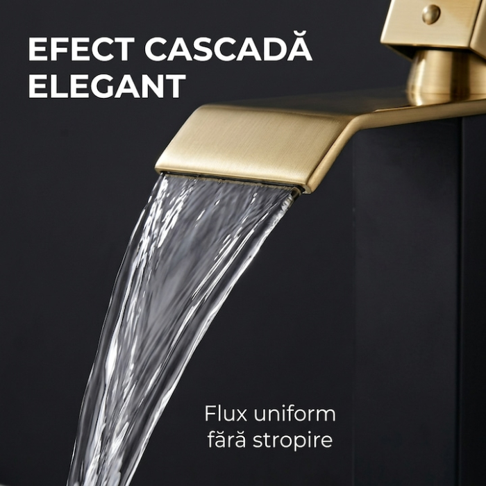Baterie Lavoar Inalta Baie Design Modern Cascada Auriu Negru, Robinet Cu Cartus Ceramic, Debit Uniform, Comutare Usoara Apa Calda Rece, Corp Metalic Rezistent, Instalare Usoara Cu Accesorii Incluse, Cadou Burete Vileda Glitzi, 30 cm [3]