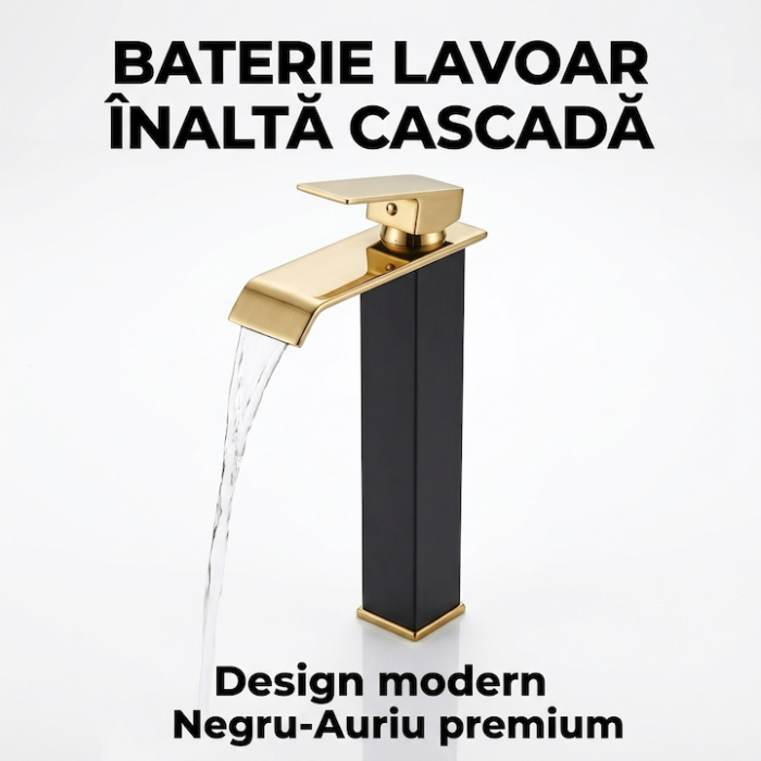 Baterie Lavoar Inalta Baie Design Modern Cascada Auriu Negru, Robinet Cu Cartus Ceramic, Debit Uniform, Comutare Usoara Apa Calda Rece, Corp Metalic Rezistent, Instalare Usoara Cu Accesorii Incluse, Cadou Burete Vileda Glitzi, 30 cm [4]