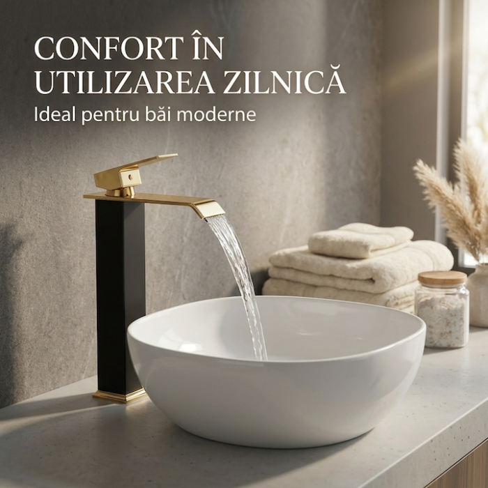 Baterie Lavoar Inalta Baie Design Modern Cascada Auriu Negru, Robinet Cu Cartus Ceramic, Debit Uniform, Comutare Usoara Apa Calda Rece, Corp Metalic Rezistent, Instalare Usoara Cu Accesorii Incluse, Cadou Burete Vileda Glitzi, 30 cm [7]