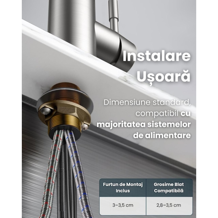 Baterie Premium pentru Chiuveta Bucatarie, SUPER TRENDS®, Duza Extractabila cu Furtun de 70 cm, Burete Vase Vileda Glitzi, Cartus Ceramic, Buton ON/OFF, 2 Tipuri Jet, Racorduri 60 cm Incluse, Pipa Inalta, Garnituri, Otel Inoxidabil, Argintiu Deschis [5]