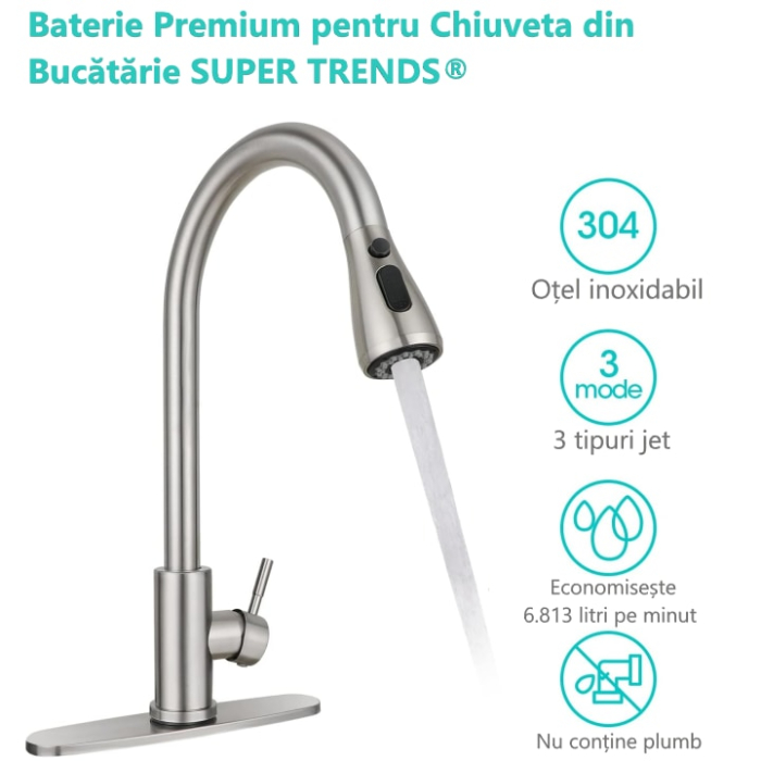Baterie Premium pentru Chiuveta Bucatarie, SUPER TRENDS®, Duza Extractabila cu Furtun de 70 cm, Burete Vase Vileda Glitzi, Cartus Ceramic, Buton ON/OFF, 2 Tipuri Jet, Racorduri 60 cm Incluse, Pipa Inalta, Garnituri, Otel Inoxidabil, Argintiu Deschis [2]