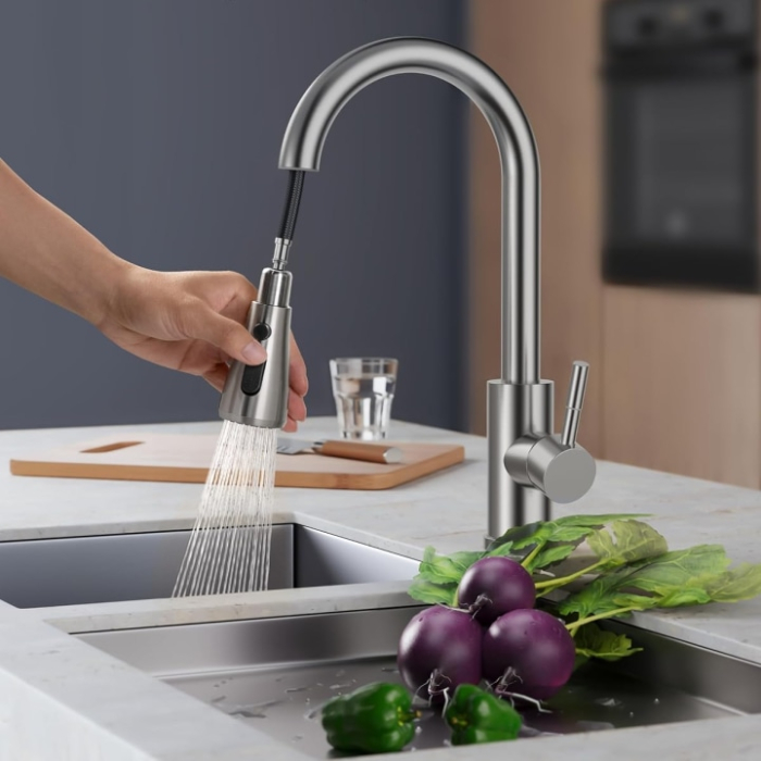 Baterie Premium pentru Chiuveta Bucatarie, SUPER TRENDS®, Duza Extractabila cu Furtun de 70 cm, Burete Vase Vileda Glitzi, Cartus Ceramic, Buton ON/OFF, 2 Tipuri Jet, Racorduri 60 cm Incluse, Pipa Inalta, Garnituri, Otel Inoxidabil, Argintiu Deschis [14]