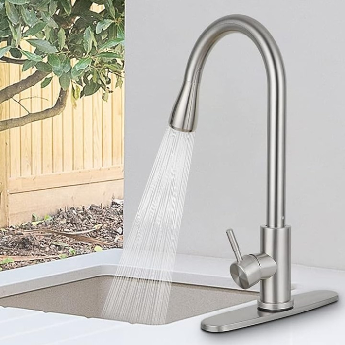 Baterie Premium pentru Chiuveta Bucatarie, SUPER TRENDS®, Duza Extractabila cu Furtun de 70 cm, Burete Vase Vileda Glitzi, Cartus Ceramic, Buton ON/OFF, 2 Tipuri Jet, Racorduri 60 cm Incluse, Pipa Inalta, Garnituri, Otel Inoxidabil, Argintiu Deschis [13]