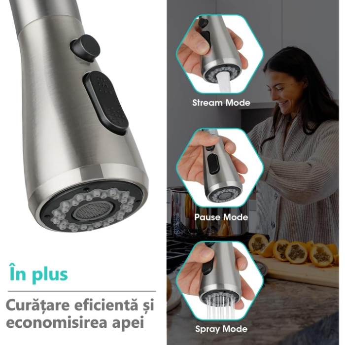 Baterie Premium pentru Chiuveta Bucatarie, SUPER TRENDS®, Duza Extractabila cu Furtun de 70 cm, Burete Vase Vileda Glitzi, Cartus Ceramic, Buton ON/OFF, 2 Tipuri Jet, Racorduri 60 cm Incluse, Pipa Inalta, Garnituri, Otel Inoxidabil, Argintiu Deschis [10]