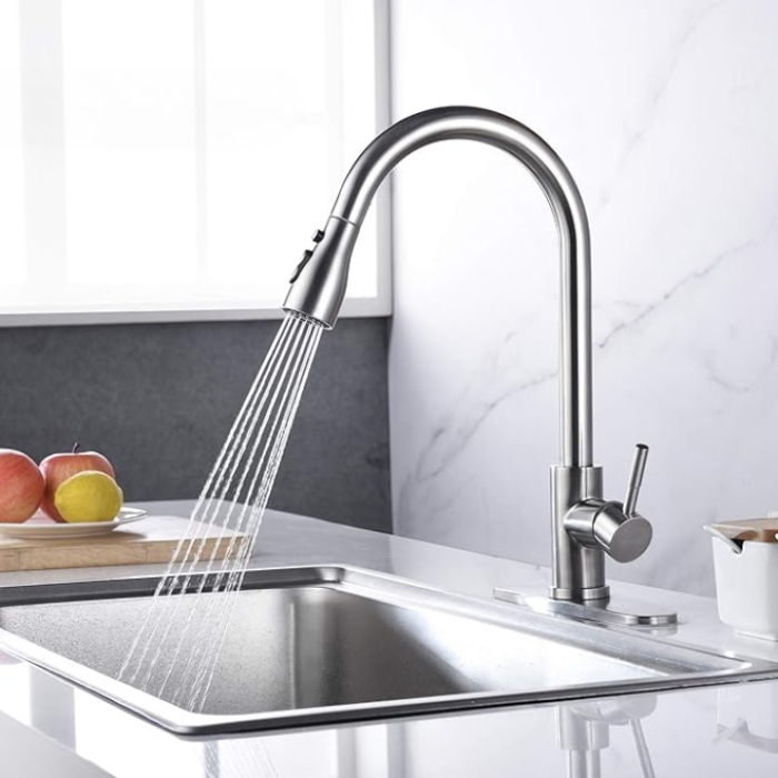 Baterie Premium pentru Chiuveta Bucatarie, SUPER TRENDS®, Duza Extractabila cu Furtun de 70 cm, Burete Vase Vileda Glitzi, Cartus Ceramic, Buton ON/OFF, 2 Tipuri Jet, Racorduri 60 cm Incluse, Pipa Inalta, Garnituri, Otel Inoxidabil, Argintiu Deschis [12]