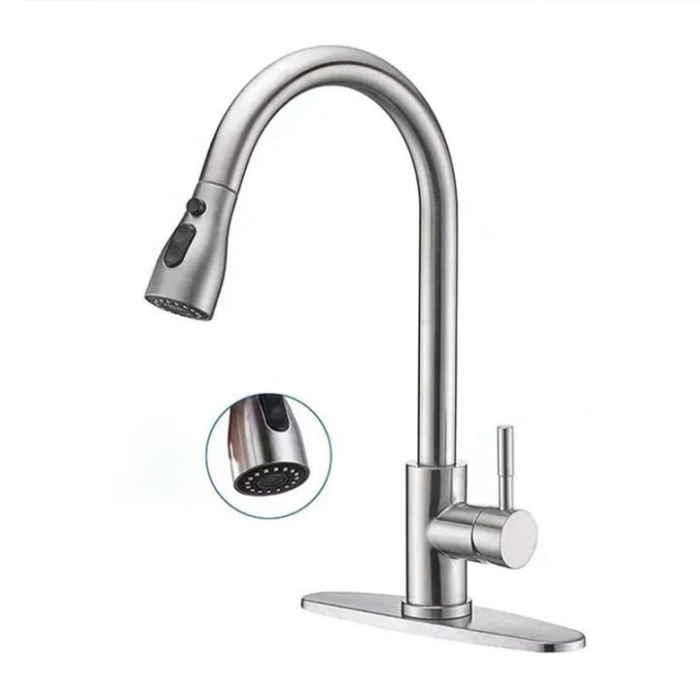 Baterie Premium pentru Chiuveta Bucatarie, SUPER TRENDS®, Duza Extractabila cu Furtun de 70 cm, Burete Vase Vileda Glitzi, Cartus Ceramic, Buton ON/OFF, 2 Tipuri Jet, Racorduri 60 cm Incluse, Pipa Inalta, Garnituri, Otel Inoxidabil, Argintiu Deschis [19]