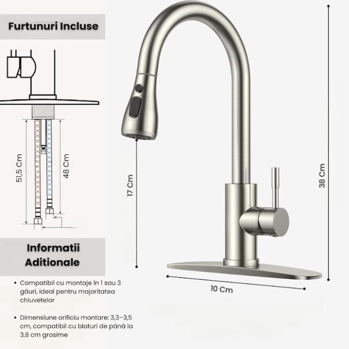 Baterie Premium pentru Chiuveta Bucatarie, SUPER TRENDS®, Duza Extractabila cu Furtun de 70 cm, Burete Vase Vileda Glitzi, Cartus Ceramic, Buton ON/OFF, 2 Tipuri Jet, Racorduri 60 cm Incluse, Pipa Inalta, Garnituri, Otel Inoxidabil, Argintiu Deschis [3]