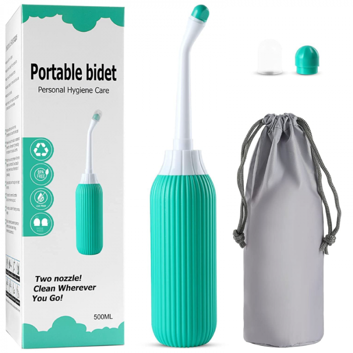 Bideu Portabil Pentru Calatorie Premium SUPER TRENDS®, 500 ml, 2 Duze, Verde-Alb, 22.5 x 4.5 x 4.5 cm [1]