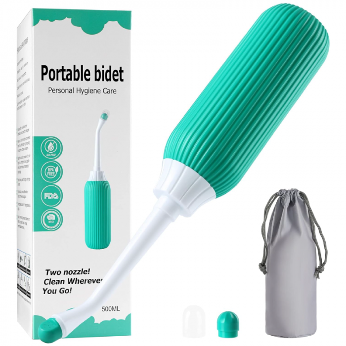 Bideu Portabil Pentru Calatorie Premium SUPER TRENDS®, 500 ml, 2 Duze, Verde-Alb, 22.5 x 4.5 x 4.5 cm [2]