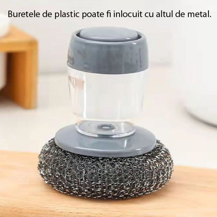 Burete de Spalat Vase cu Dozator Pentru Detergent Premium SUPER TRENDS®, Curatare Tigai, Vase, Suprafete, Bucatarii, Toalete, Maner Ergonomic, Anti-alunecare, Burete Interschimbabil, Gri, Rezervor Tra [6]