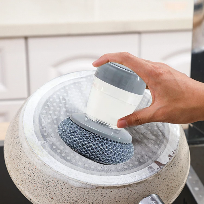 Burete de Spalat Vase cu Dozator Pentru Detergent Premium SUPER TRENDS®, Curatare Tigai, Vase, Suprafete, Bucatarii, Toalete, Maner Ergonomic, Anti-alunecare, Burete Interschimbabil, Gri, Rezervor Tra [3]