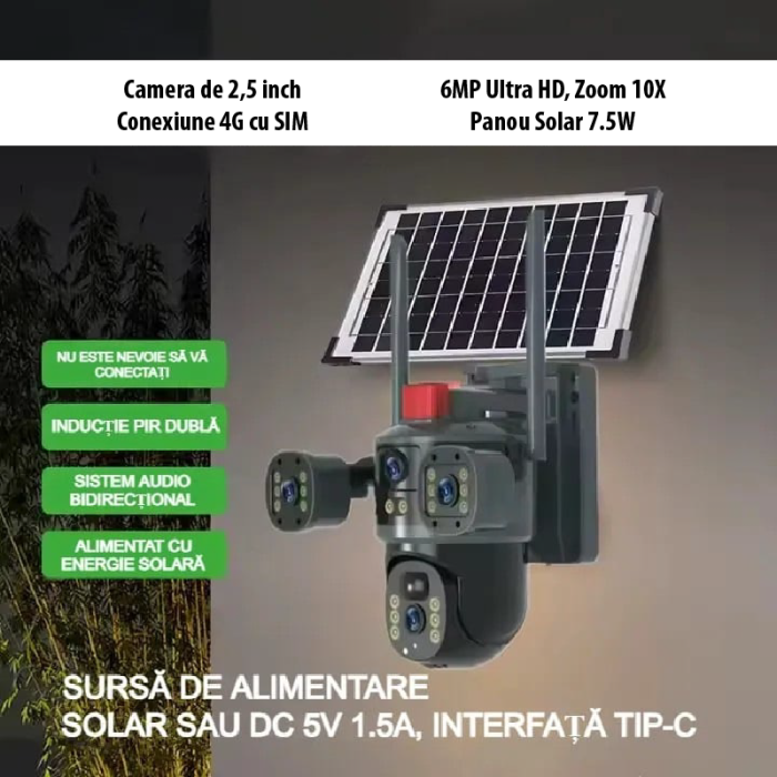 Cameră Solară Tripla SUPER TRENDS®, Conexiune 4G cu SIM, 6MP Ultra HD, Zoom 10X, Vedere Nocturnă Color, Panou Solar 7.5W [4]