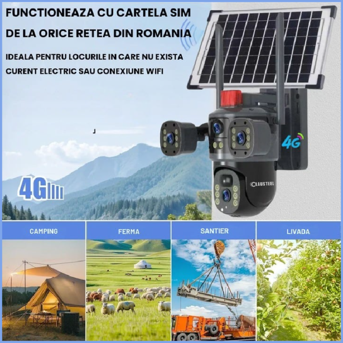 Cameră Solară Tripla SUPER TRENDS®, Conexiune 4G cu SIM, 6MP Ultra HD, Zoom 10X, Vedere Nocturnă Color, Panou Solar 7.5W [7]