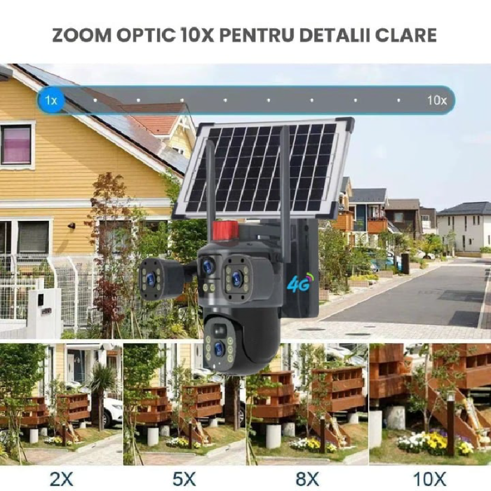 Cameră Solară Tripla SUPER TRENDS®, Conexiune 4G cu SIM, 6MP Ultra HD, Zoom 10X, Vedere Nocturnă Color, Panou Solar 7.5W [8]