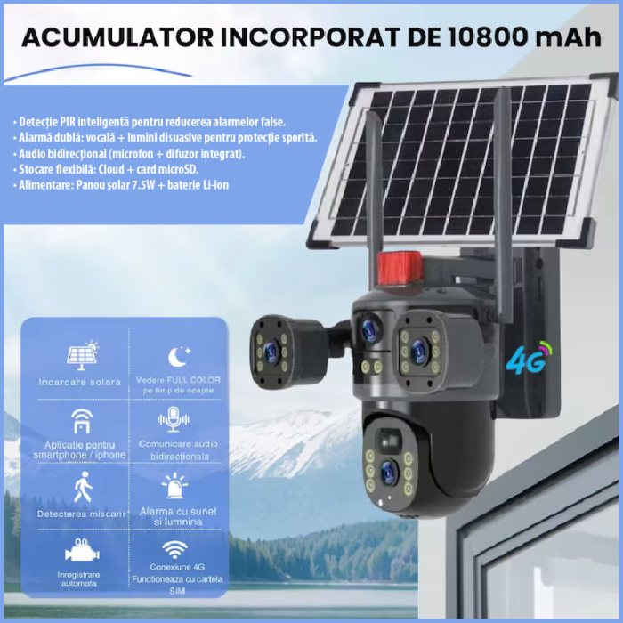 Cameră Solară Tripla SUPER TRENDS®, Conexiune 4G cu SIM, 6MP Ultra HD, Zoom 10X, Vedere Nocturnă Color, Panou Solar 7.5W [2]