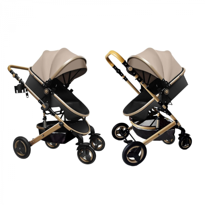 Carucior Pentru Bebelusi 2 in 1 Premium SUPER TRENDS®, Landou + Modul Sport, Pliabil, Reversibil, Inalt, Pentru Calatorii, 0-3 ani, Bej-Maro [4]