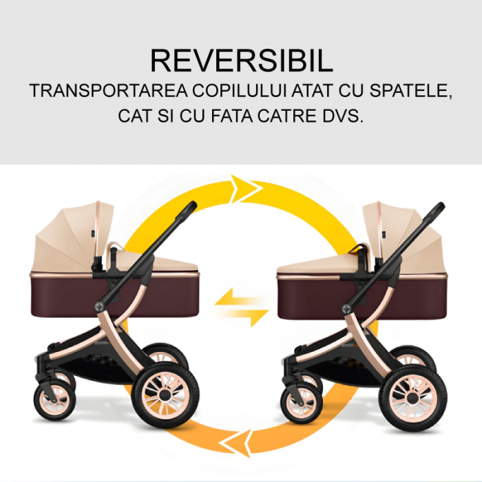Carucior Pentru Bebelusi 2 in 1 Premium SUPER TRENDS®, Landou + Modul Sport, Pliabil, Reversibil, Inalt, Pentru Calatorii, 0-3 ani, Bej-Maro [2]