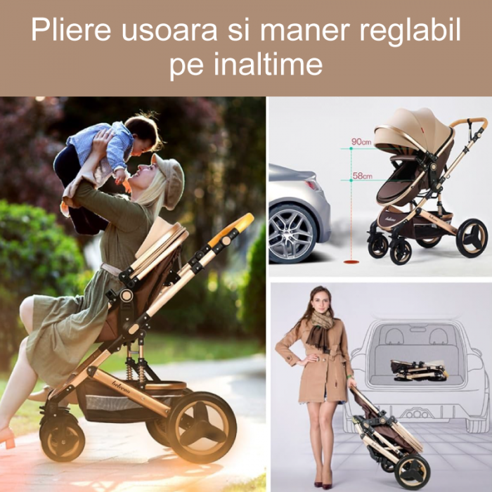 Carucior Pentru Bebelusi 2 in 1 Premium SUPER TRENDS®, Landou + Modul Sport, Pliabil, Reversibil, Inalt, Pentru Calatorii, 0-3 ani, Bej-Maro [7]