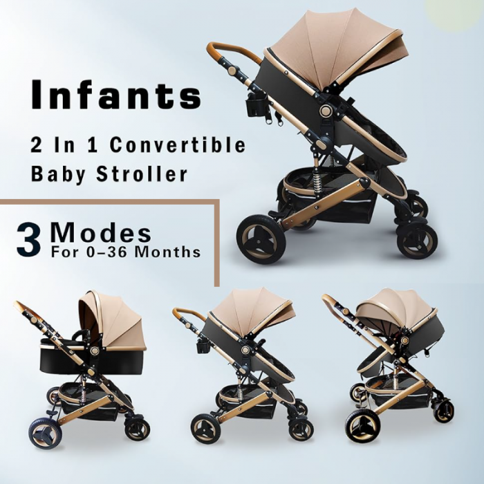 Carucior Pentru Bebelusi 2 in 1 Premium SUPER TRENDS®, Landou + Modul Sport, Pliabil, Reversibil, Inalt, Pentru Calatorii, 0-3 ani, Bej-Maro [6]