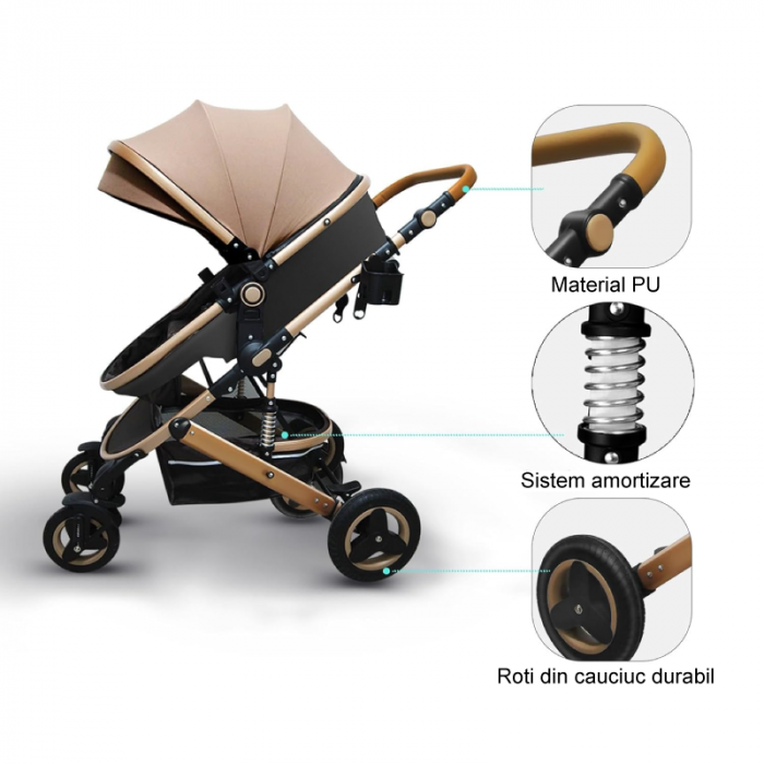 Carucior Pentru Bebelusi 2 in 1 Premium SUPER TRENDS®, Landou + Modul Sport, Pliabil, Reversibil, Inalt, Pentru Calatorii, 0-3 ani, Bej-Maro [5]