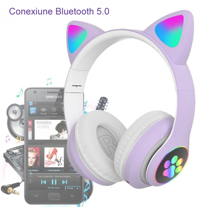 Casti Wireless Bluetooth cu Urechi de Pisica si Lumini LED Premium SUPER TRENDS®, Pliabile, LED, Mov [2]