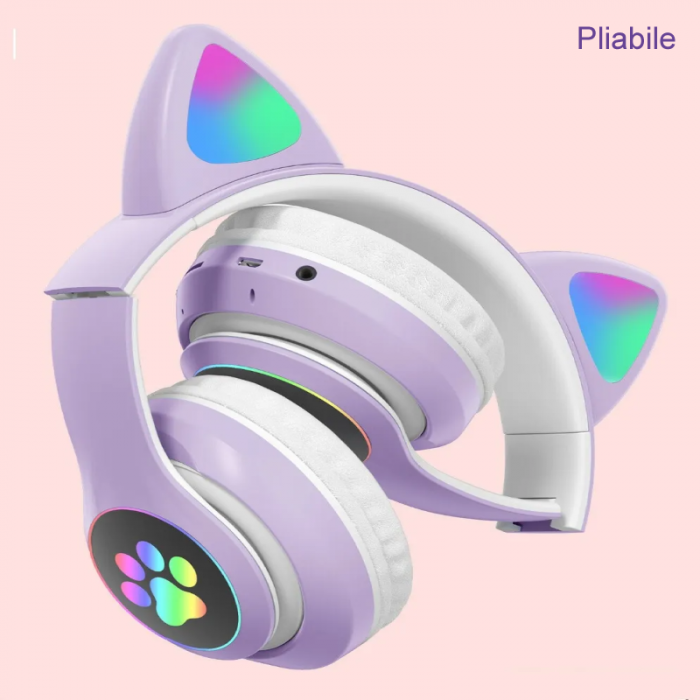 Casti Wireless Bluetooth cu Urechi de Pisica si Lumini LED Premium SUPER TRENDS®, Pliabile, LED, Mov [3]