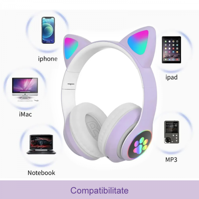 Casti Wireless Bluetooth cu Urechi de Pisica si Lumini LED Premium SUPER TRENDS®, Pliabile, LED, Mov [4]