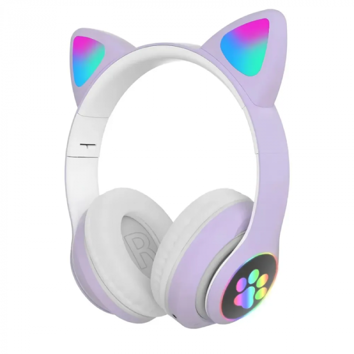 Casti Wireless Bluetooth cu Urechi de Pisica si Lumini LED Premium SUPER TRENDS®, Pliabile, LED, Mov [1]