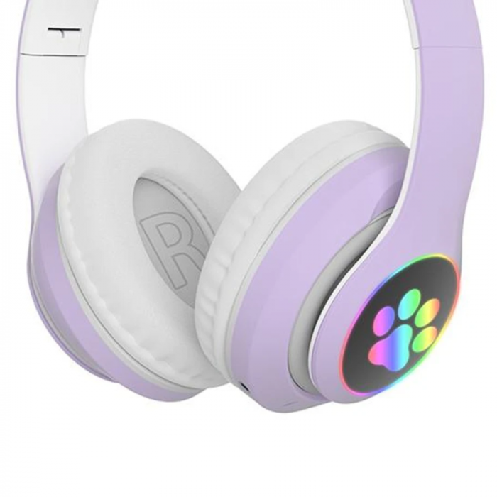 Casti Wireless Bluetooth cu Urechi de Pisica si Lumini LED Premium SUPER TRENDS®, Pliabile, LED, Mov [8]