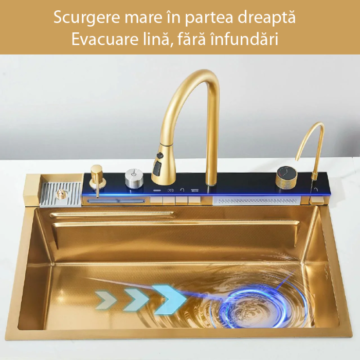 Chiuveta Multifunctionala SUPER TRENDS® Pentru Bucatarie cu 2 Cascade, Accesorii Incluse, Afisaj Digital Pentru Temperatura si Robinet Cascada, Culoare Gold, 750x460x220mm [13]
