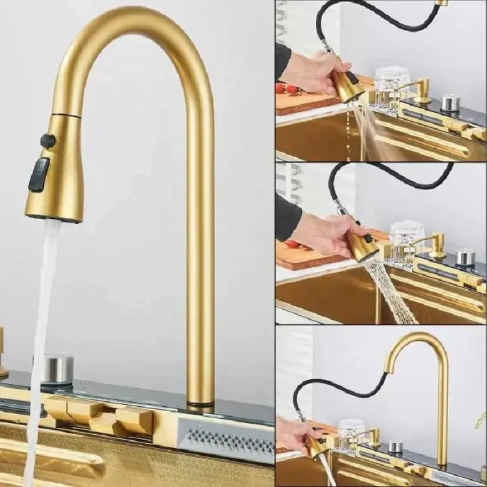 Chiuveta Multifunctionala SUPER TRENDS® Pentru Bucatarie cu 2 Cascade, Accesorii Incluse, Afisaj Digital Pentru Temperatura si Robinet Cascada, Culoare Gold, 750x460x220mm [15]