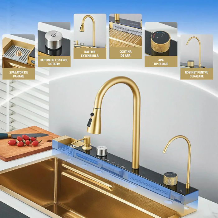Chiuveta Multifunctionala SUPER TRENDS® Pentru Bucatarie cu 2 Cascade, Accesorii Incluse, Afisaj Digital Pentru Temperatura si Robinet Cascada, Culoare Gold, 750x460x220mm [12]