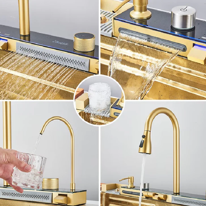 Chiuveta Multifunctionala SUPER TRENDS® Pentru Bucatarie cu 2 Cascade, Accesorii Incluse, Afisaj Digital Pentru Temperatura si Robinet Cascada, Culoare Gold, 750x460x220mm [6]