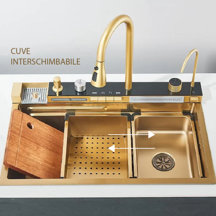 Chiuveta Multifunctionala SUPER TRENDS® Pentru Bucatarie cu 2 Cascade, Accesorii Incluse, Afisaj Digital Pentru Temperatura si Robinet Cascada, Culoare Gold, 750x460x220mm [2]