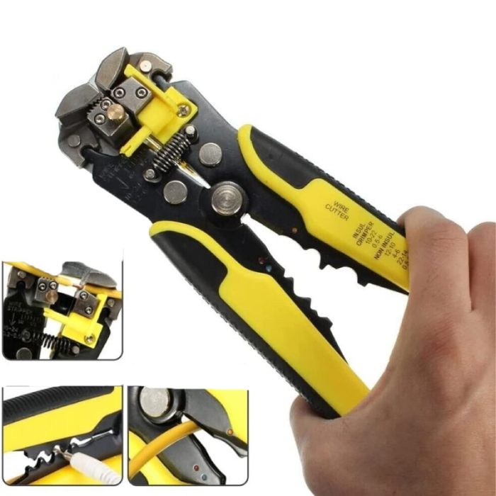 Cleste Automat Pentru Sertizat, Dezizolat si Taiere Cabluri Profesional SUPER TRENDS®, Multifunctional, 3 in 1, Maner Ergonomic, Reglaj Automat, Galben - Negru [3]