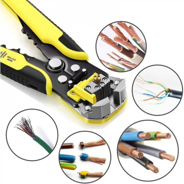 Cleste Automat Pentru Sertizat, Dezizolat si Taiere Cabluri Profesional SUPER TRENDS®, Multifunctional, 3 in 1, Maner Ergonomic, Reglaj Automat, Galben - Negru [5]